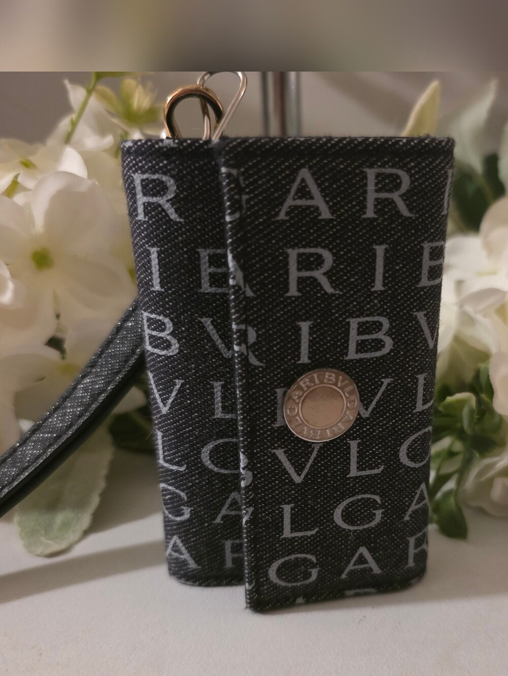 Bulgari Black  Key Case with Gold Hardware With Wristlet Strap